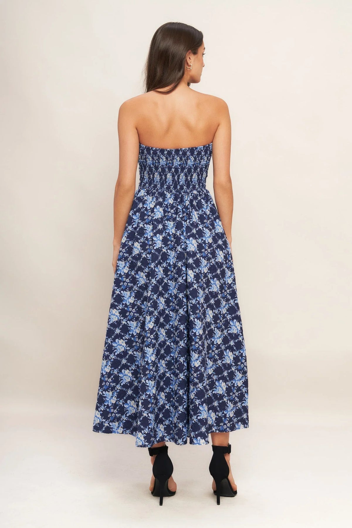BLUE RENAISSANCE STRAPLESS MIDI DRESS
