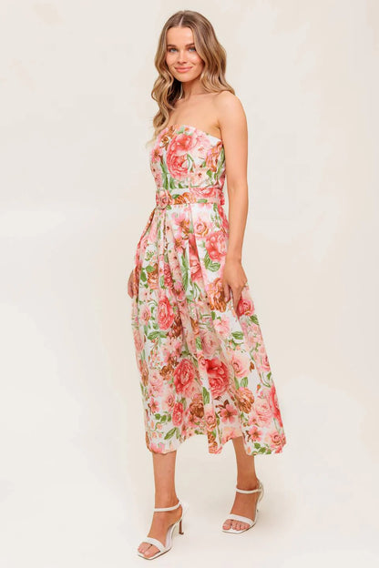 DAWN STRAPLESS MIDI DRESS PINK FLORAL