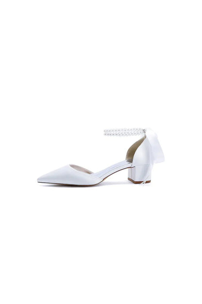 Pointed Toe Double Pearl Ankle Strap Party Shoes With Ribbon Tie