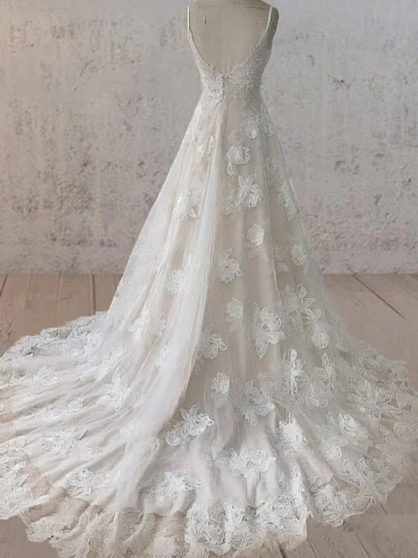 Boho White A Line Lace Appliques Wedding Dress
