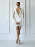 Sheath V Neck Long Sleeves Short Mini Tulle Little White Wedding Dresses