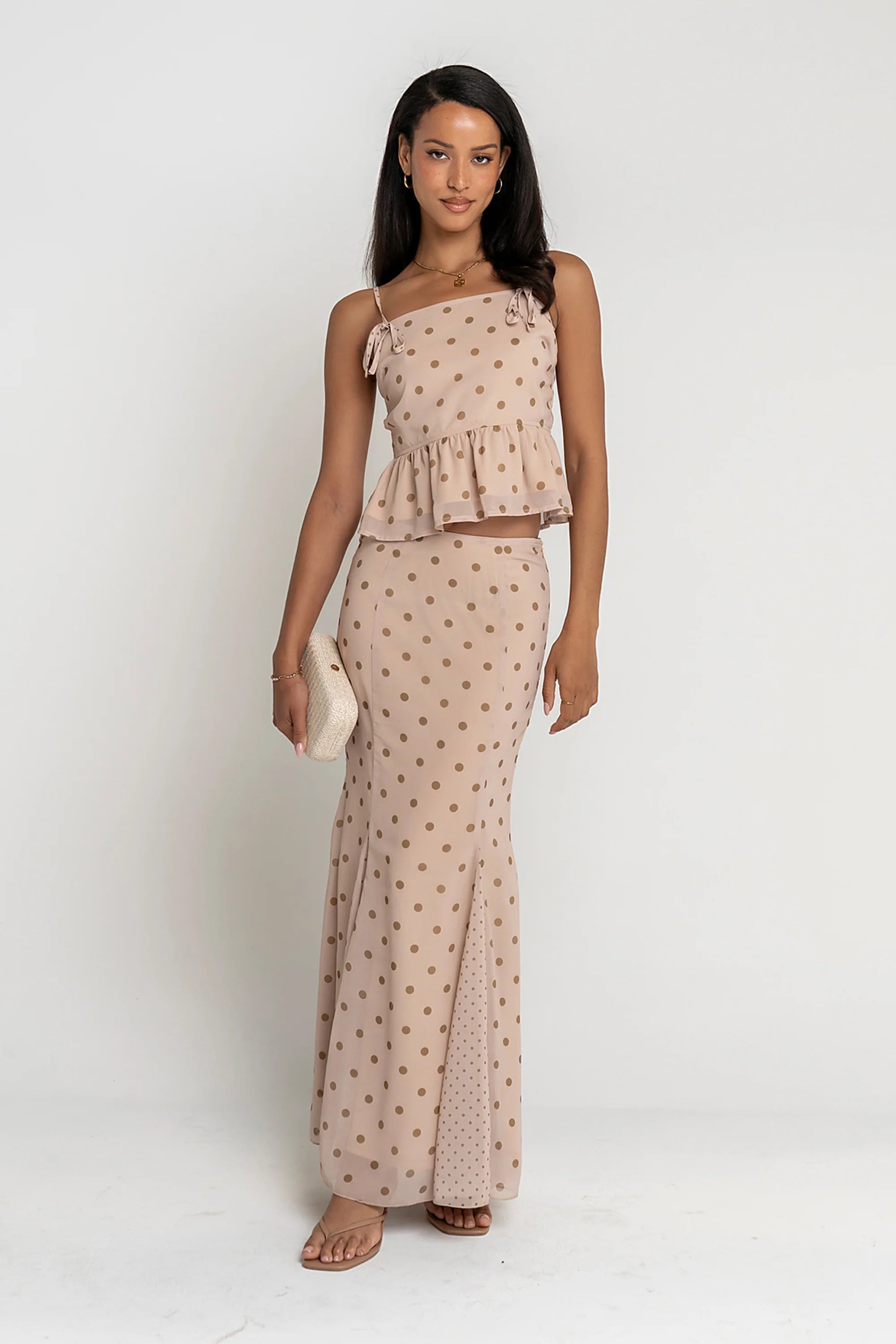 Freida Polka Dot Maxi Skirt in Taupe