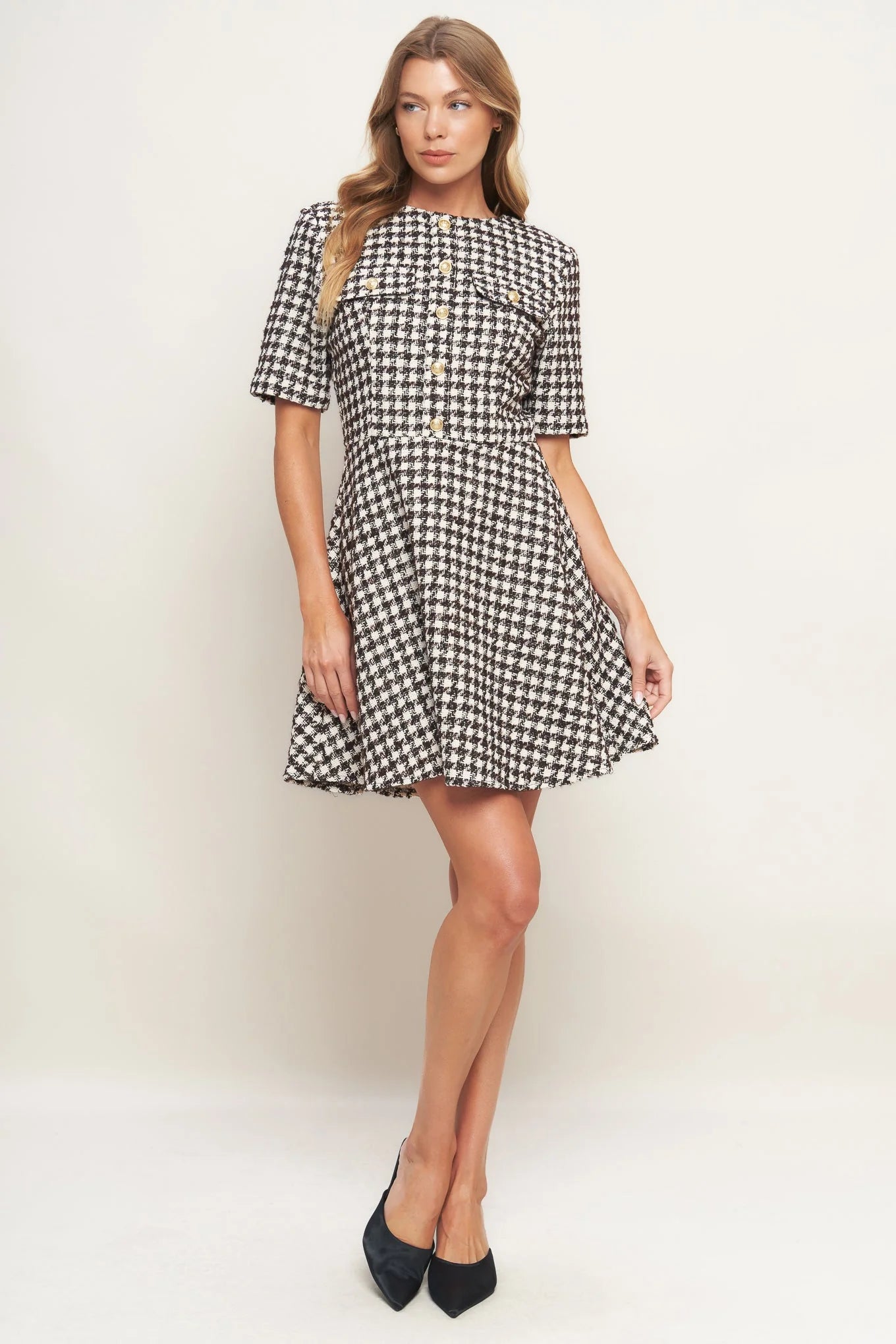 ELEGANT CHECK BROWN TWEED MINI DRESS