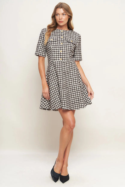 ELEGANT CHECK BROWN TWEED MINI DRESS FINAL SALE