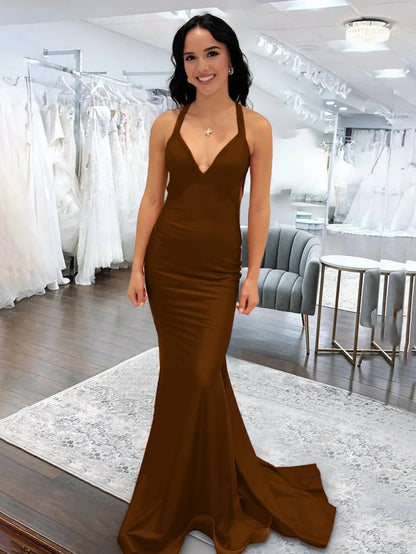 Angela Mermaid Pink V Neck Backless Satin Long Prom Dress