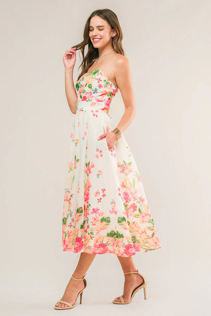 BRUNCH BOUQUET STRAPLESS FLORAL MIDI DRESS