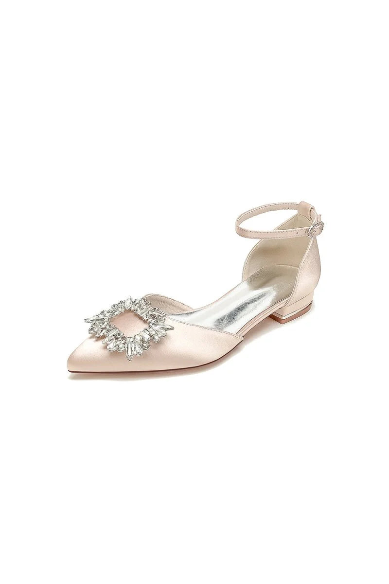 Rhinestone Pointed Toe Ankle Strap Satin Kitten Heels