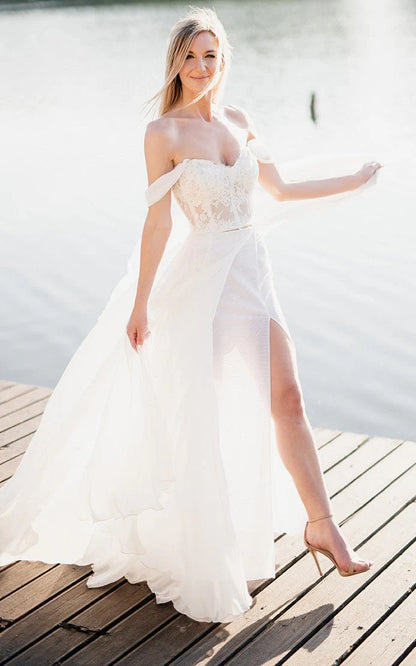 A Line Lace White Lace Up Off the Shoulder Wedding Dress with Slit