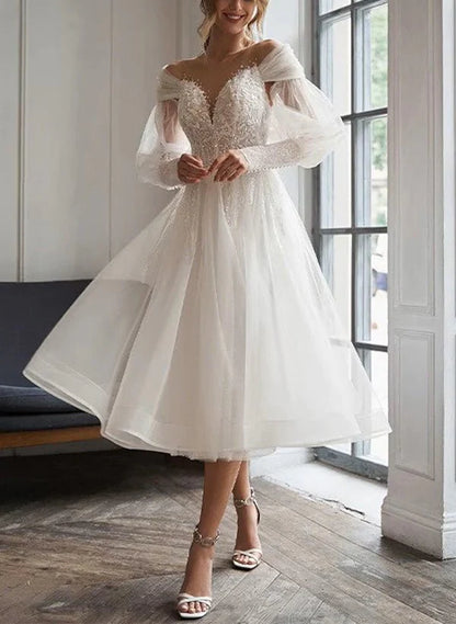 A Line Sweetheart Long Sleeves Elegant Tulle Wedding Dresses With Appliques Lace