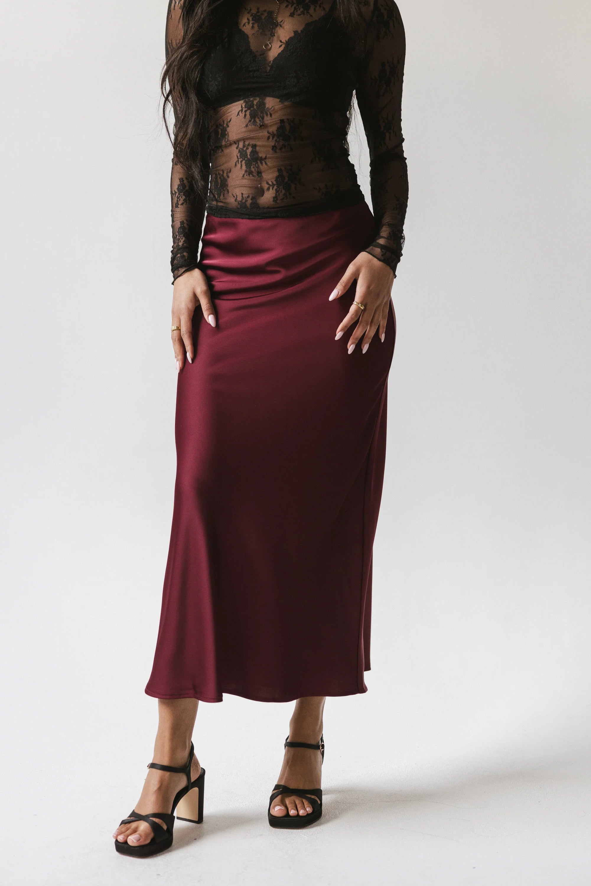 Tory Satin Maxi Skirt in Burgundy