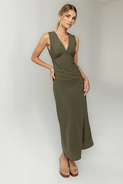 Hailey Lace Trim Maxi Dress in Olive FINAL SALE