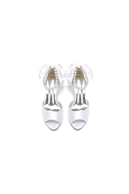 Chic Peep Toe Ribbons Faux Pearl Pumps