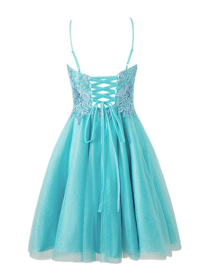 A line Short Spaghetti Strap Glitter Tulle Homecoming Dress