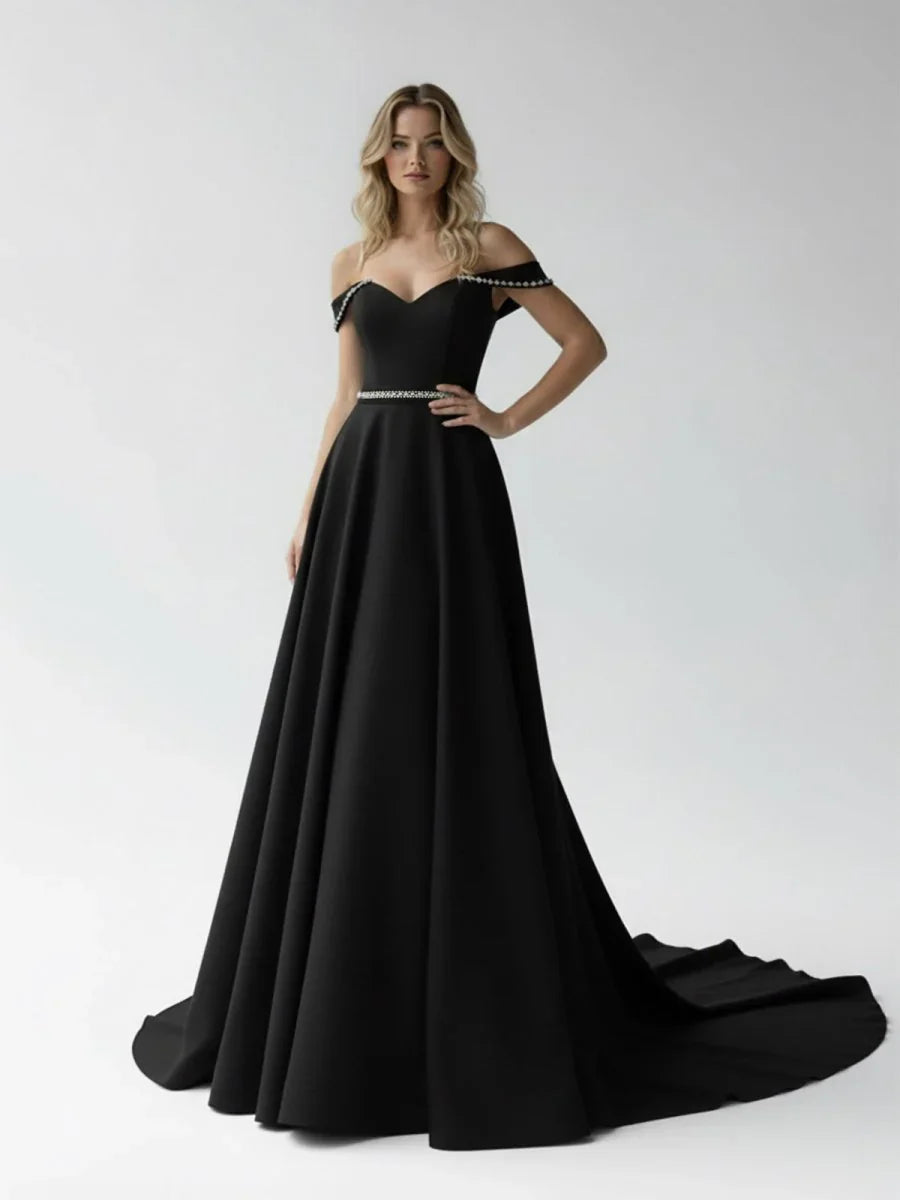 A Line Off the Shoulder Beaded Wedding Dress