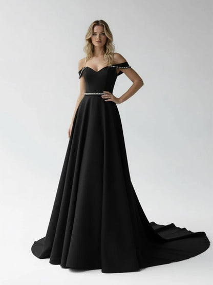 A Line Off the Shoulder Beaded Wedding Dress
