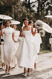 Simple A Line Square Neck White Satin Wedding Dresses