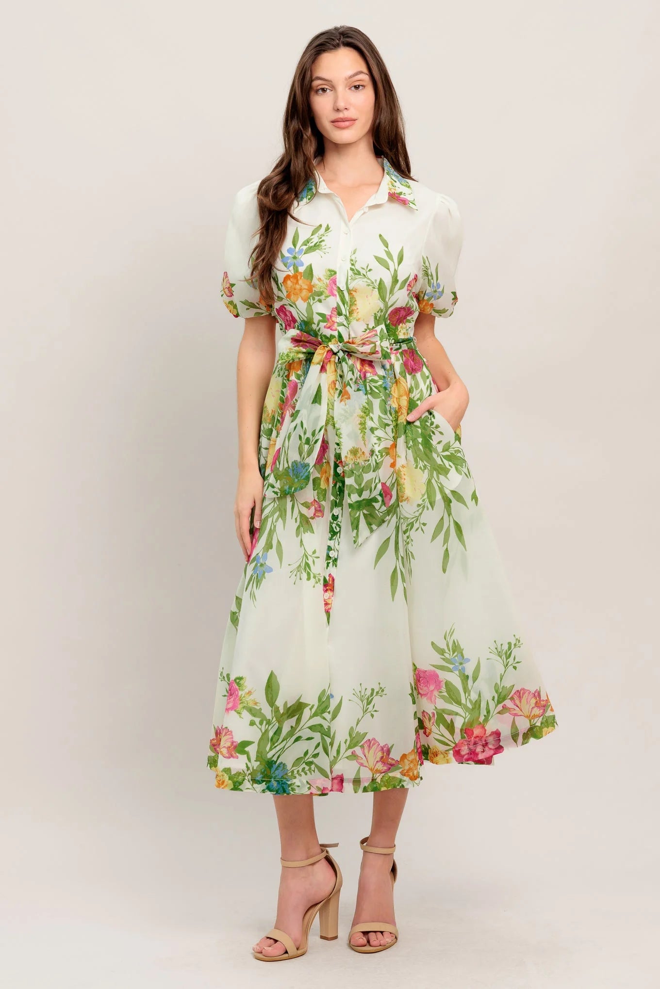 FRESH BLOSSOM IVORY FLORAL MIDI DRESS