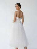 A Line Spaghetti Straps White Satin Tulle Tea Length Wedding Dresses