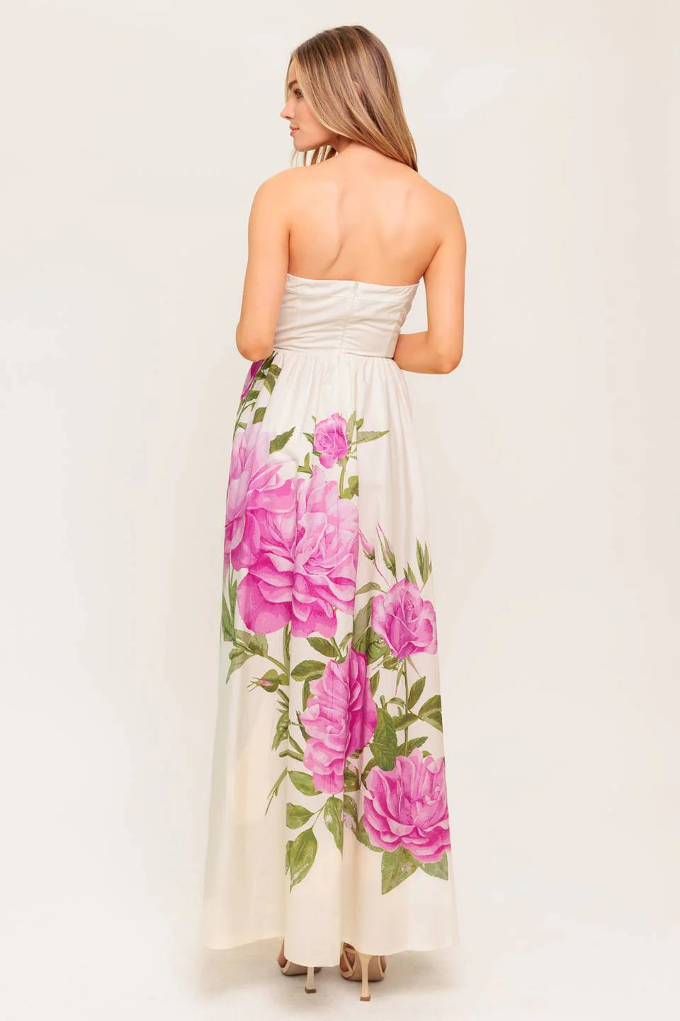CAUGHT IN THE BREEZE STRAPLESS FLORAL MAXI DRESS