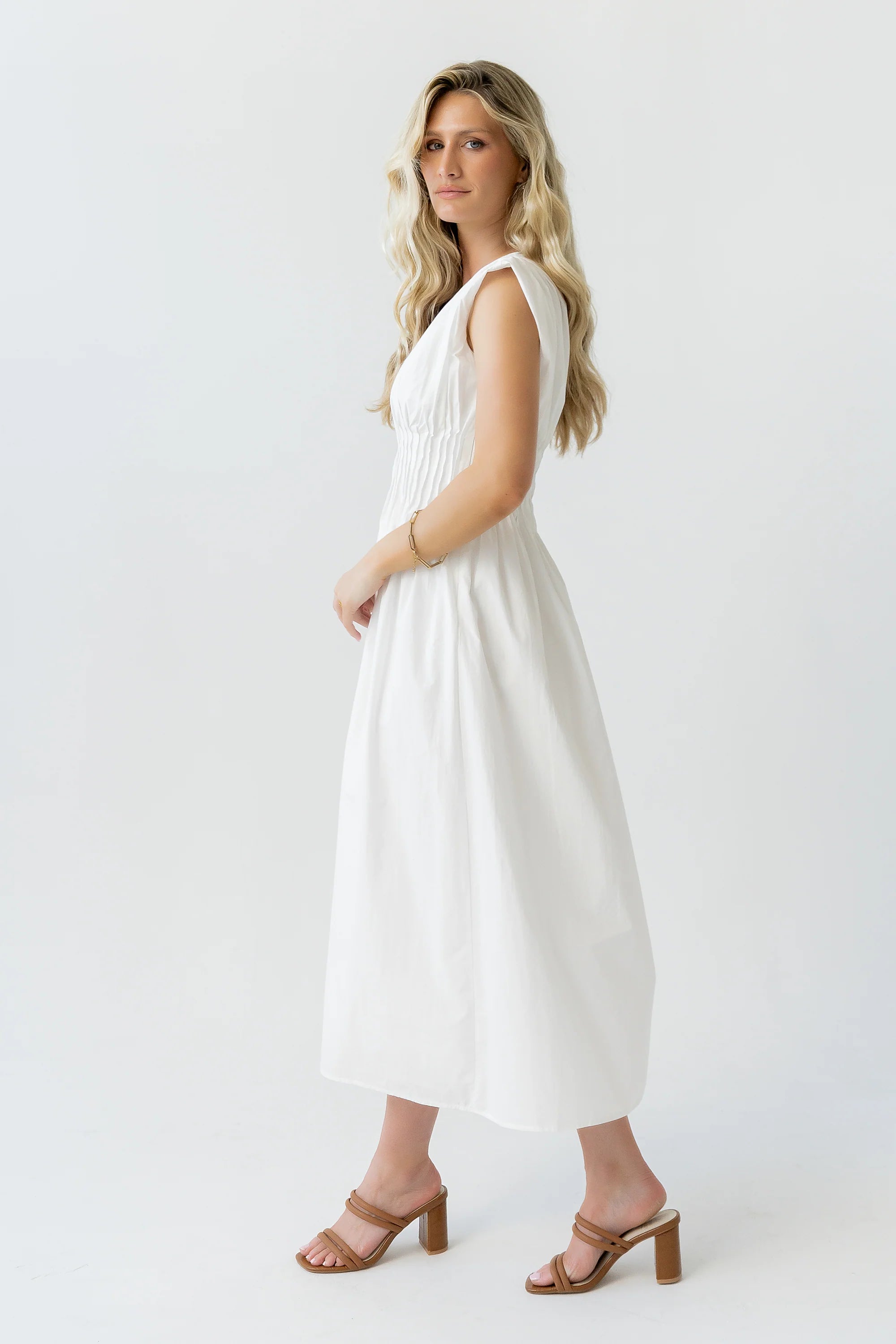 Barb Pleated Midi Dress in White