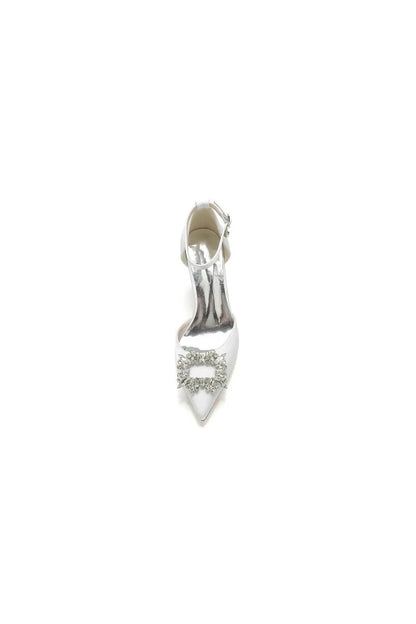 Rhinestone Pointed Toe Ankle Strap Buckle Chunky Heel