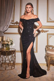 FALLON GOWN OFF THE SHOULDER RUCHED SEQUIN DRESS