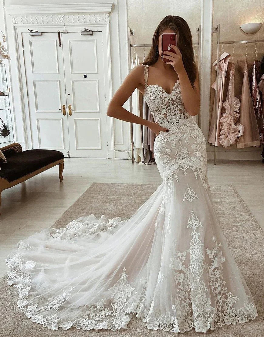 Mermaid Sweetheart Spaghetti Straps Wedding Dress With Appliques