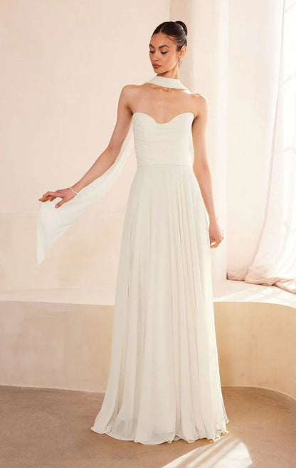 Ella Gown A line Strapless Chiffon Dress With Scarf Off White