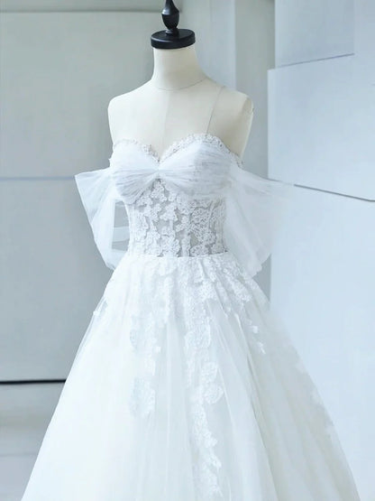 Off the Shoulder White Lace Appliques Sleeveless Lace Up Wedding Dresses