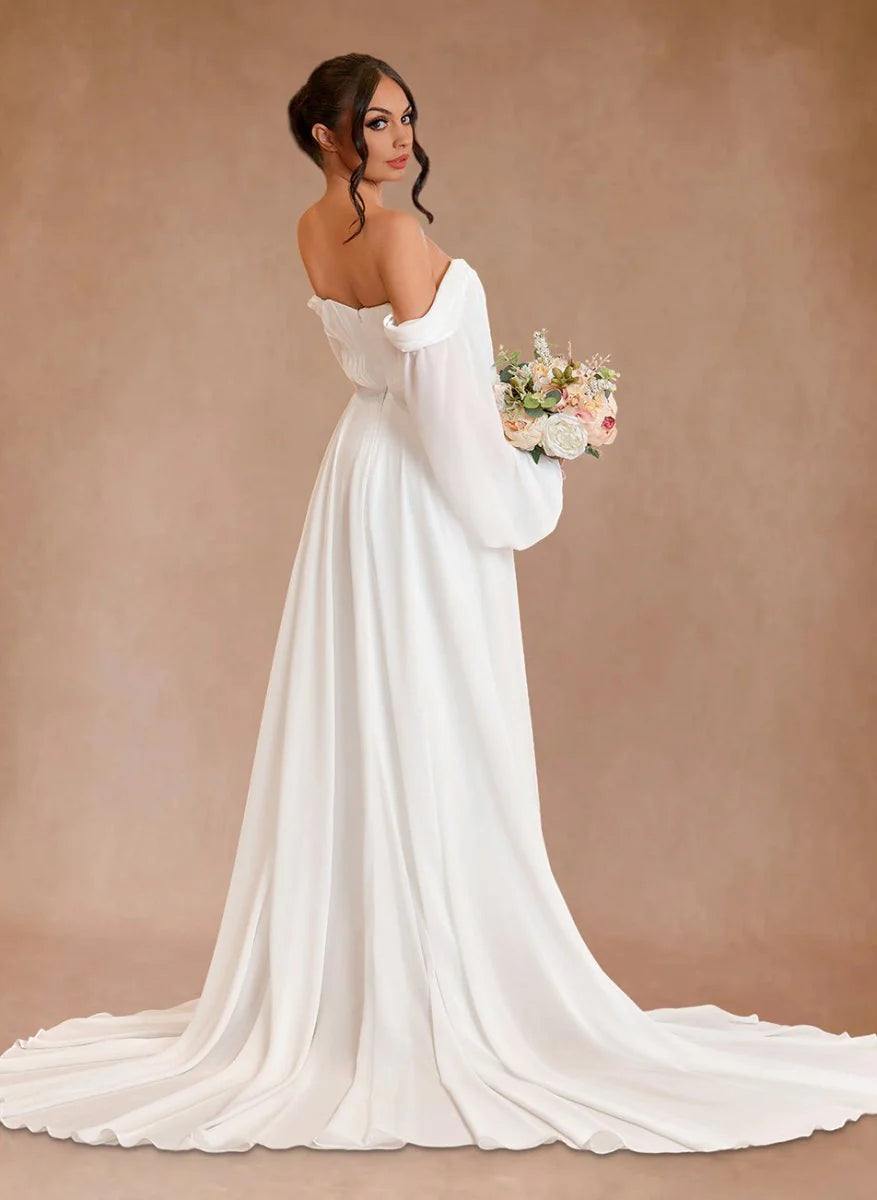 A Line Sweetheart Long Sleeves Chiffon Sweep Train Wedding Dress