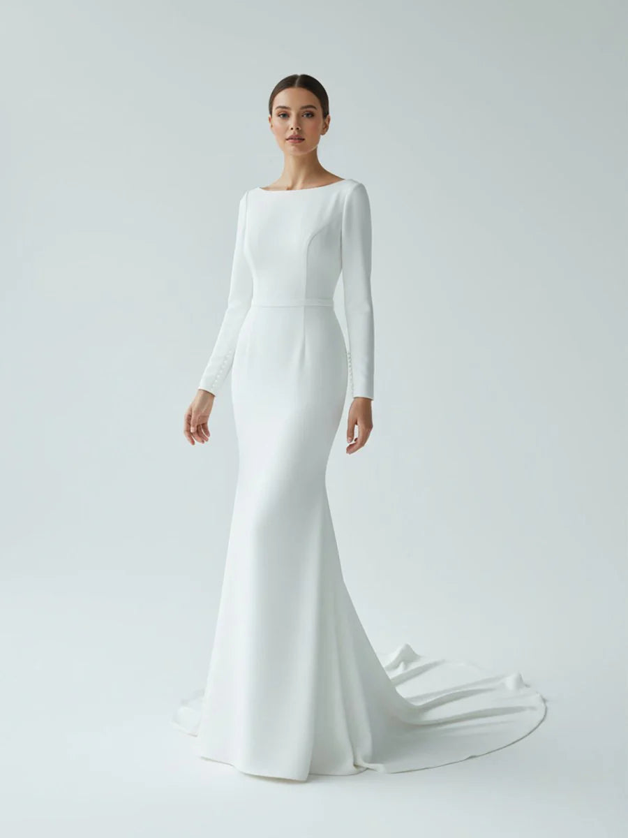 Mermaid Scoop Neck V Back Satin Wedding Dress