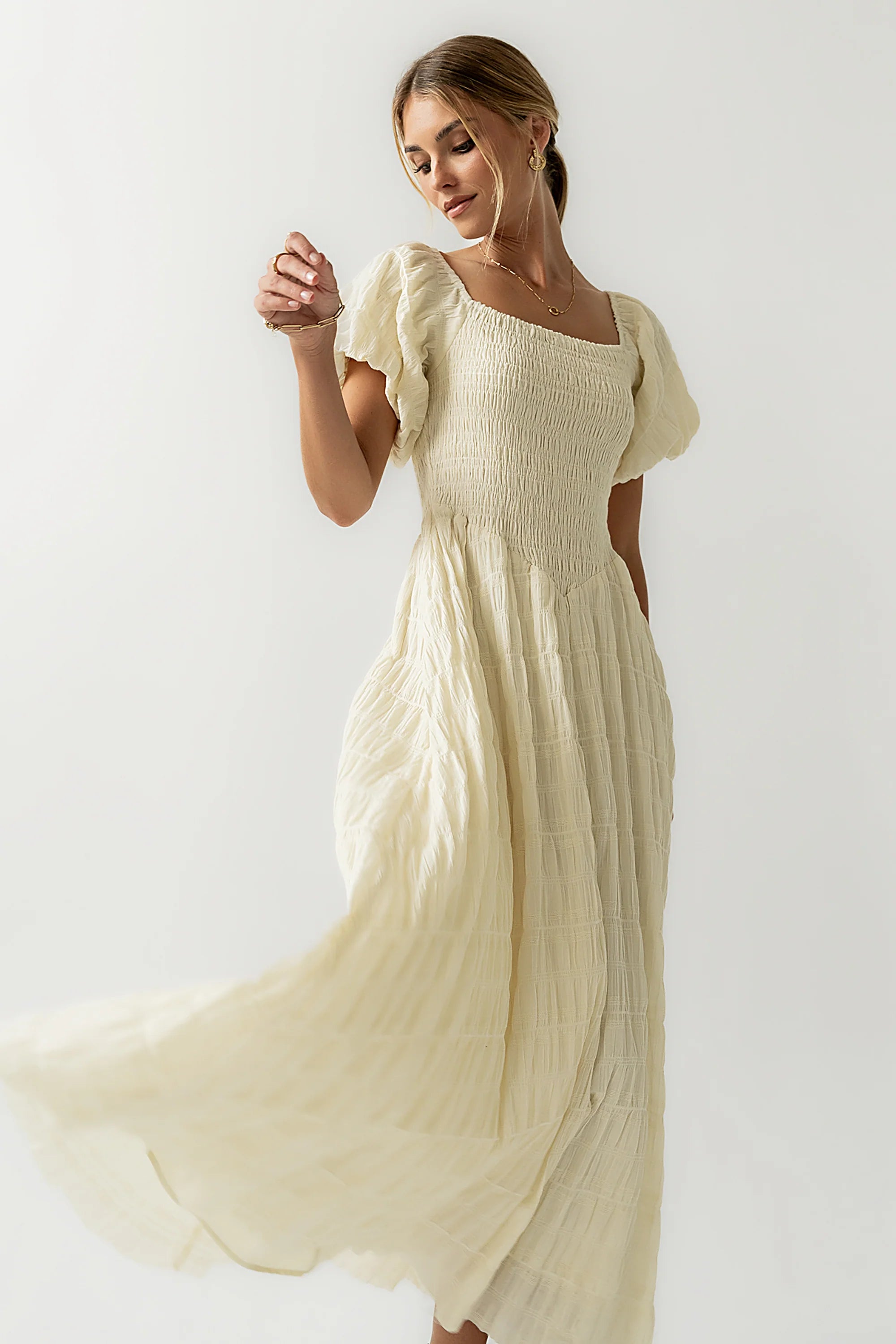 Beckie Smocked Maxi Dress in Off White