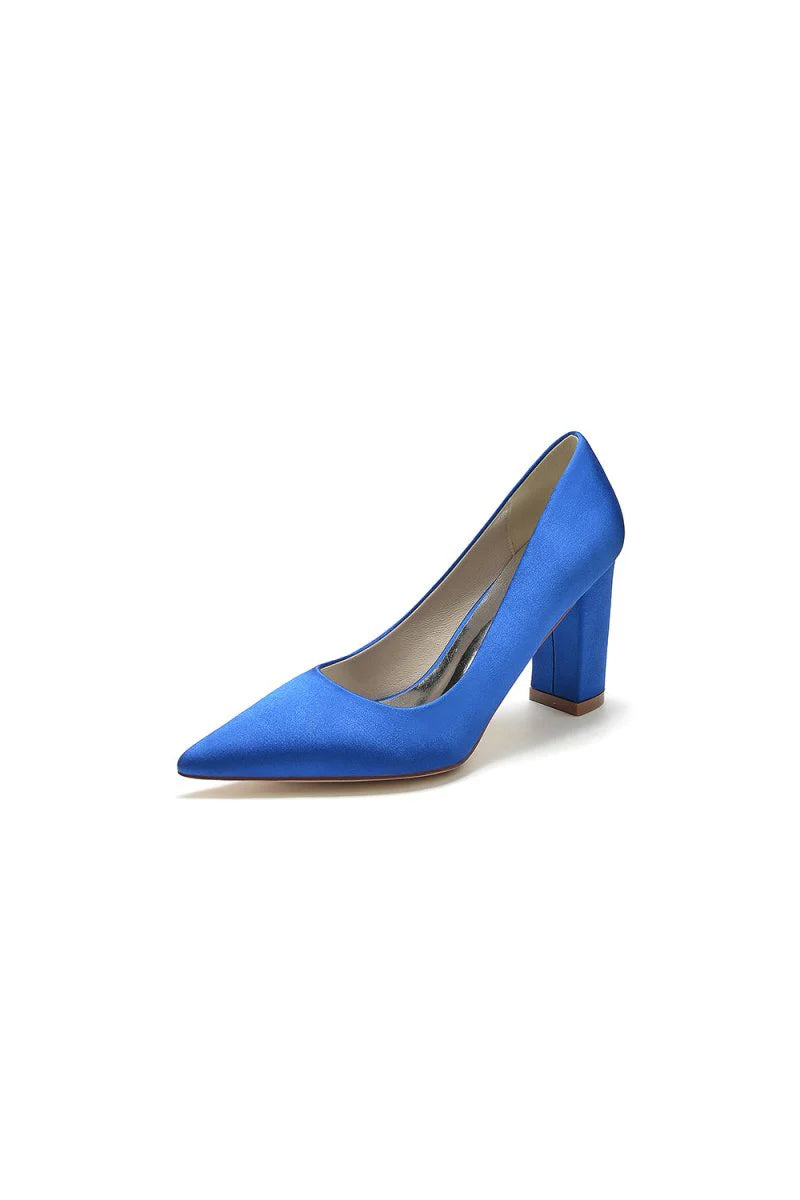 Pointed Toe Slip on Satin Chunky Heels