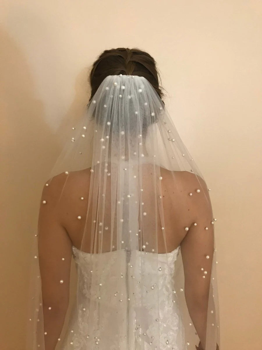Vintage Lace Tulle Pearl Bridal Veil Wedding Veil