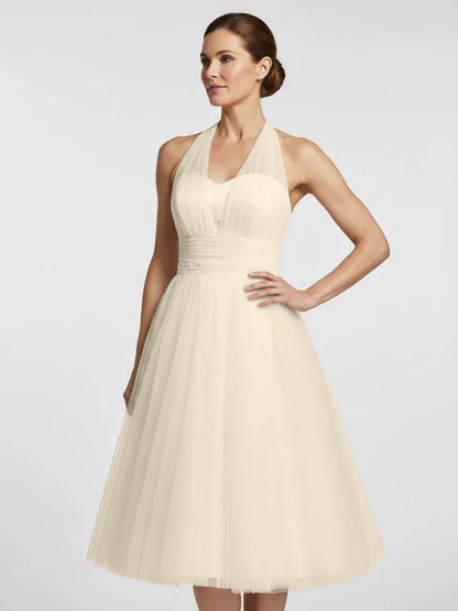 Halter A Line Tea Length Tulle Wedding Dress With Ruching