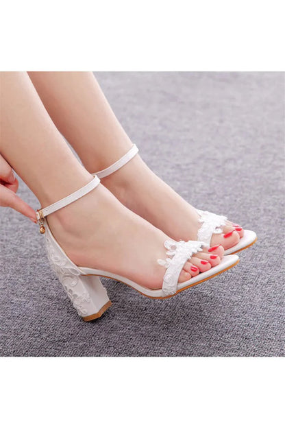 Elegant White Lace Open Toe Ankle strap Block Heels