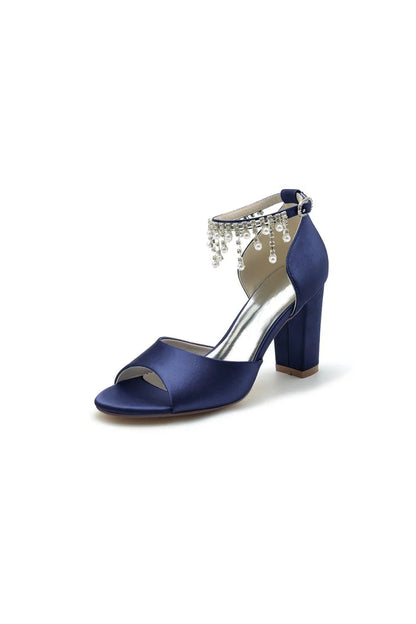 Open Toe Pearl Tassel Satin Chunky Heels