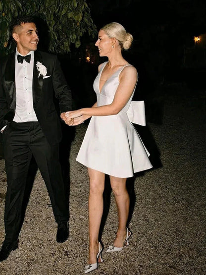 A Line White Satin V Neck Short Wedding Dress with Bow
