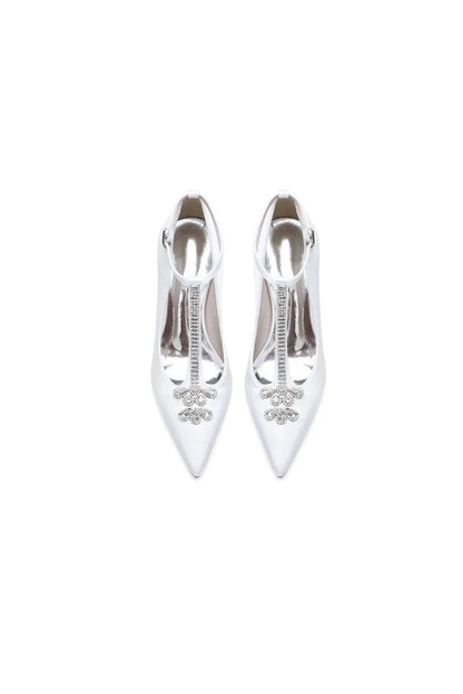 White Leather Pump with Silver Chain and Crystal Accent