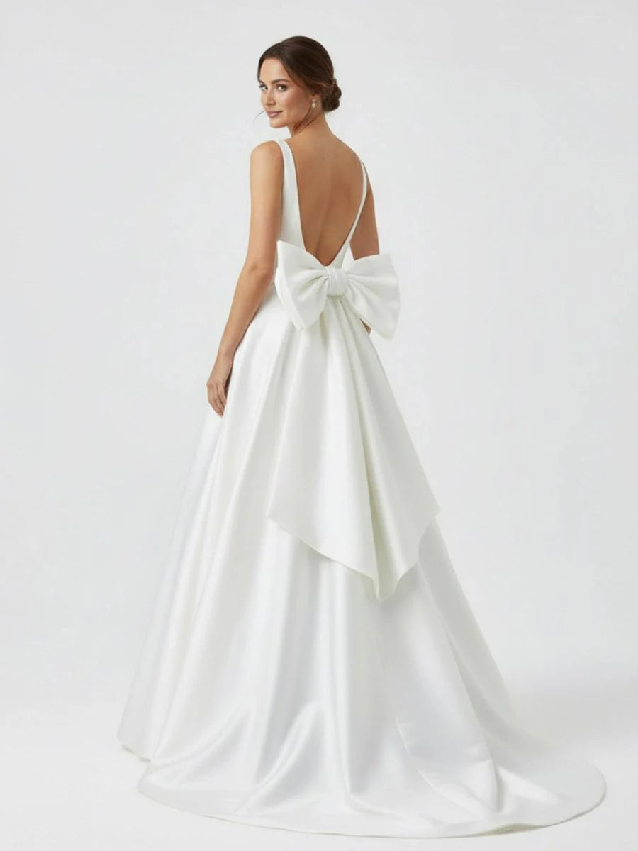 Ivory A Line Deep V Neck Long Wedding Dress with Bowknot