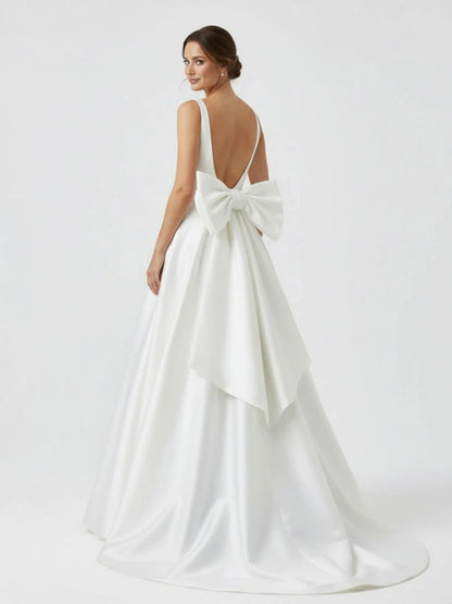 Ivory A Line Deep V Neck Long Wedding Dress with Bowknot