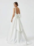 Ivory A Line Deep V Neck Long Wedding Dress with Bowknot