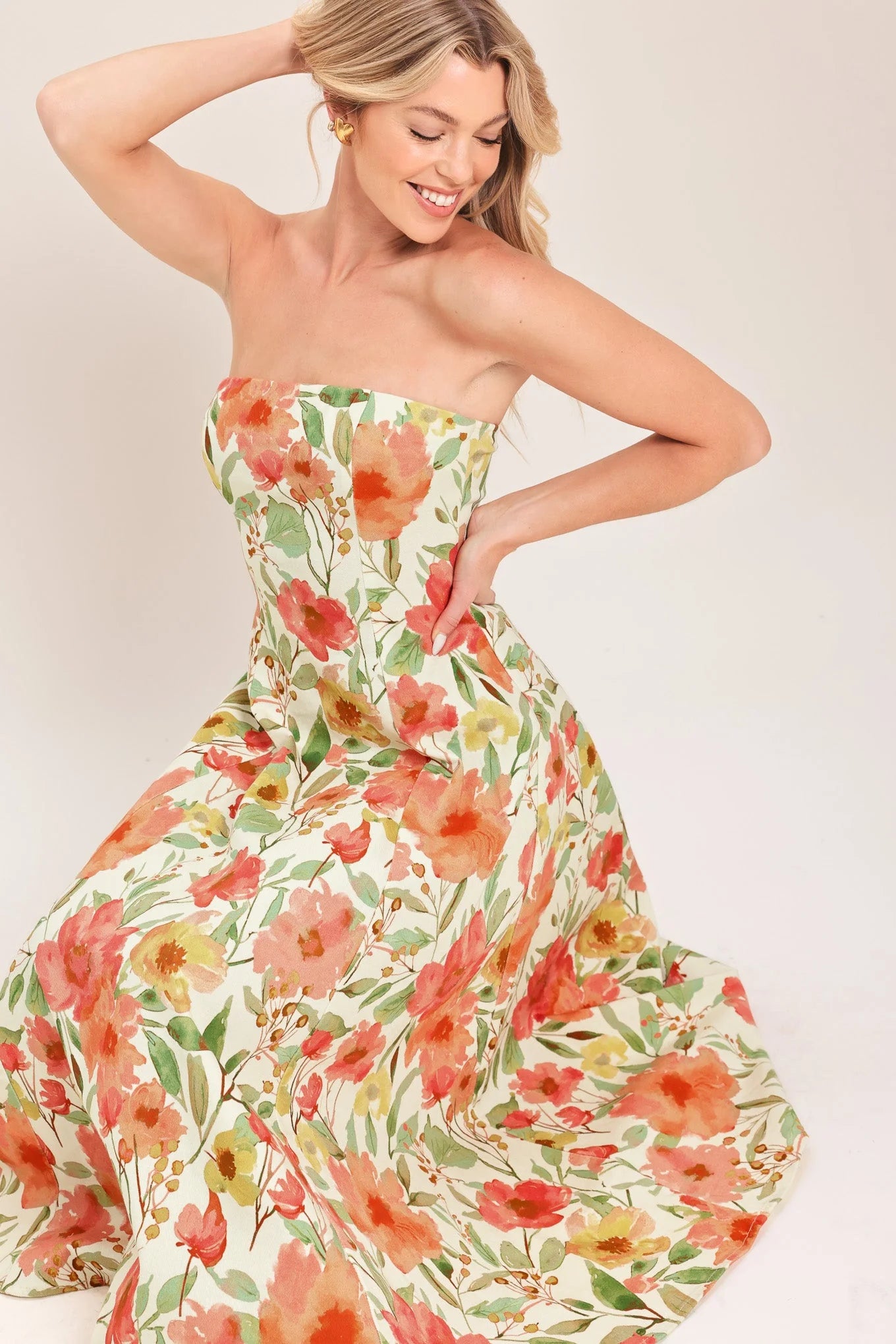 FLORAL DAYDREAM STRAPLESS MIDI DRESS