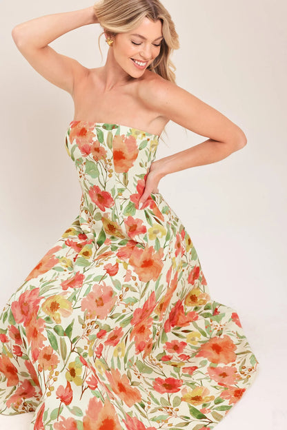 FLORAL DAYDREAM STRAPLESS MIDI DRESS