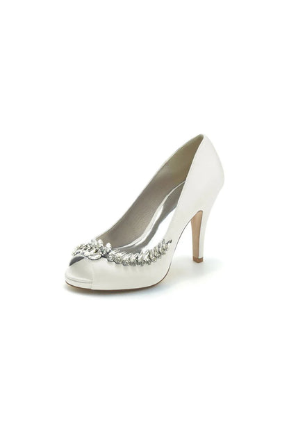 Satin Peep Toe Slip on Rhinestone High Heels