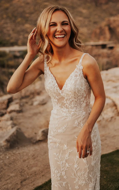 Sexy Mermaid V neck Lace Sleeveless Wedding Dress with Sweep Train Simple Elegant Ethereal Country Garden