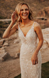 Sexy Mermaid V neck Lace Sleeveless Wedding Dress with Sweep Train Simple Elegant Ethereal Country Garden