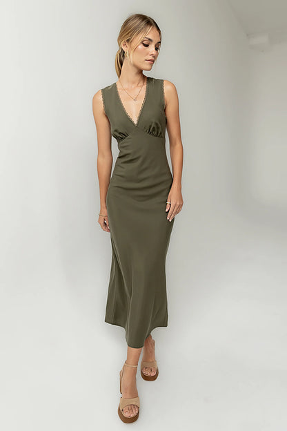 Hailey Lace Trim Maxi Dress in Olive FINAL SALE