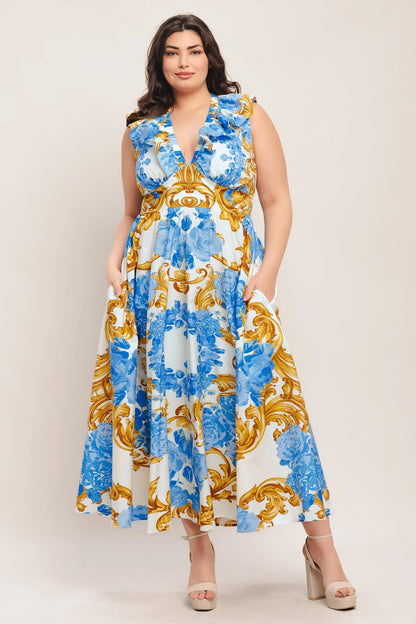 BAROQUE BLOOM BLUE MIDI DRESS