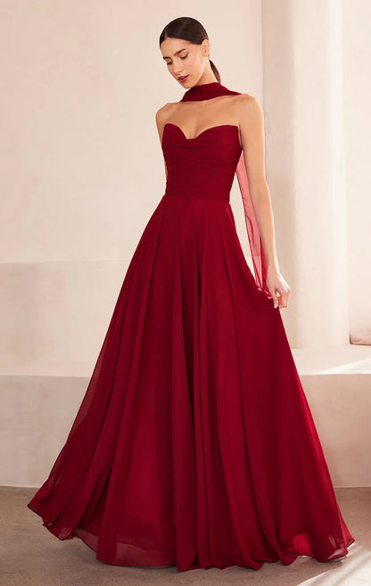 Ella Gown A line Strapless Chiffon Dress With Scarf
